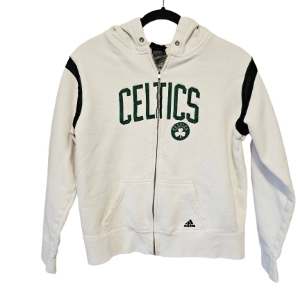 Adidas White Zip-Up Hoodie with Green NBA Boston Celtics Logo Women's Size Large
